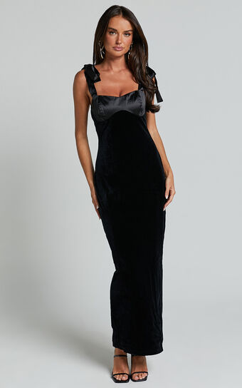 Michelle Midi Dress - Tie Shoulder Satin Bust Detail Velvet Dress in Black Showpo