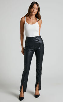 Lenette - High Waisted Faux Leather Split Hem Leggings in Black