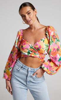 Shairah Top - Long Sleeve Tie Back Wrap Crop Top in In Bloom