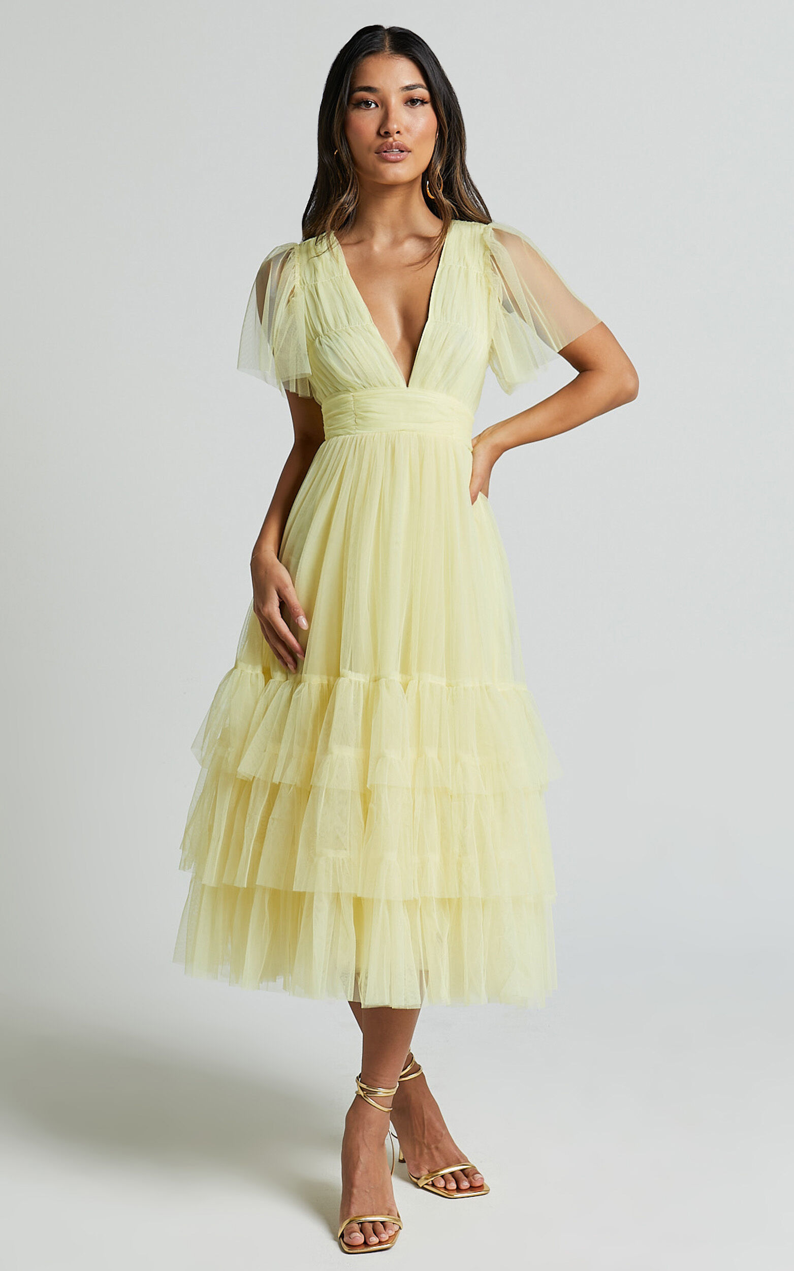 Jiraye Midi Dress - Flutter Sleeve Tuelle Plunge Dress in Lemon | Showpo