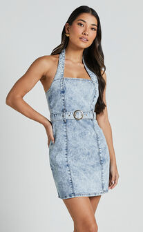Izolda Mini Dress - Halter Neck Belted Bodycon Denim Dress in Light Blue Acid Wash