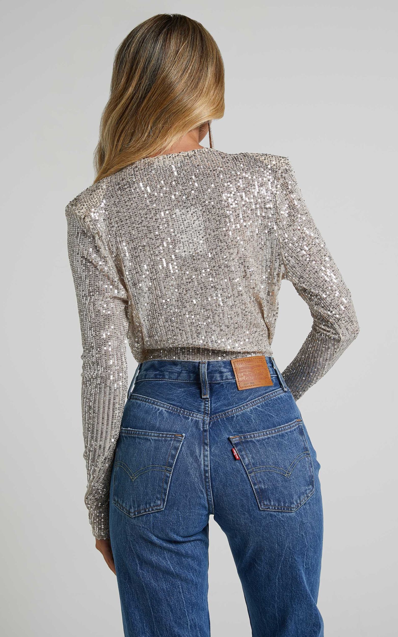 Alora Bodysuit - Sequin Wrap Front Long Sleeve Bodysuit in Silver | Showpo