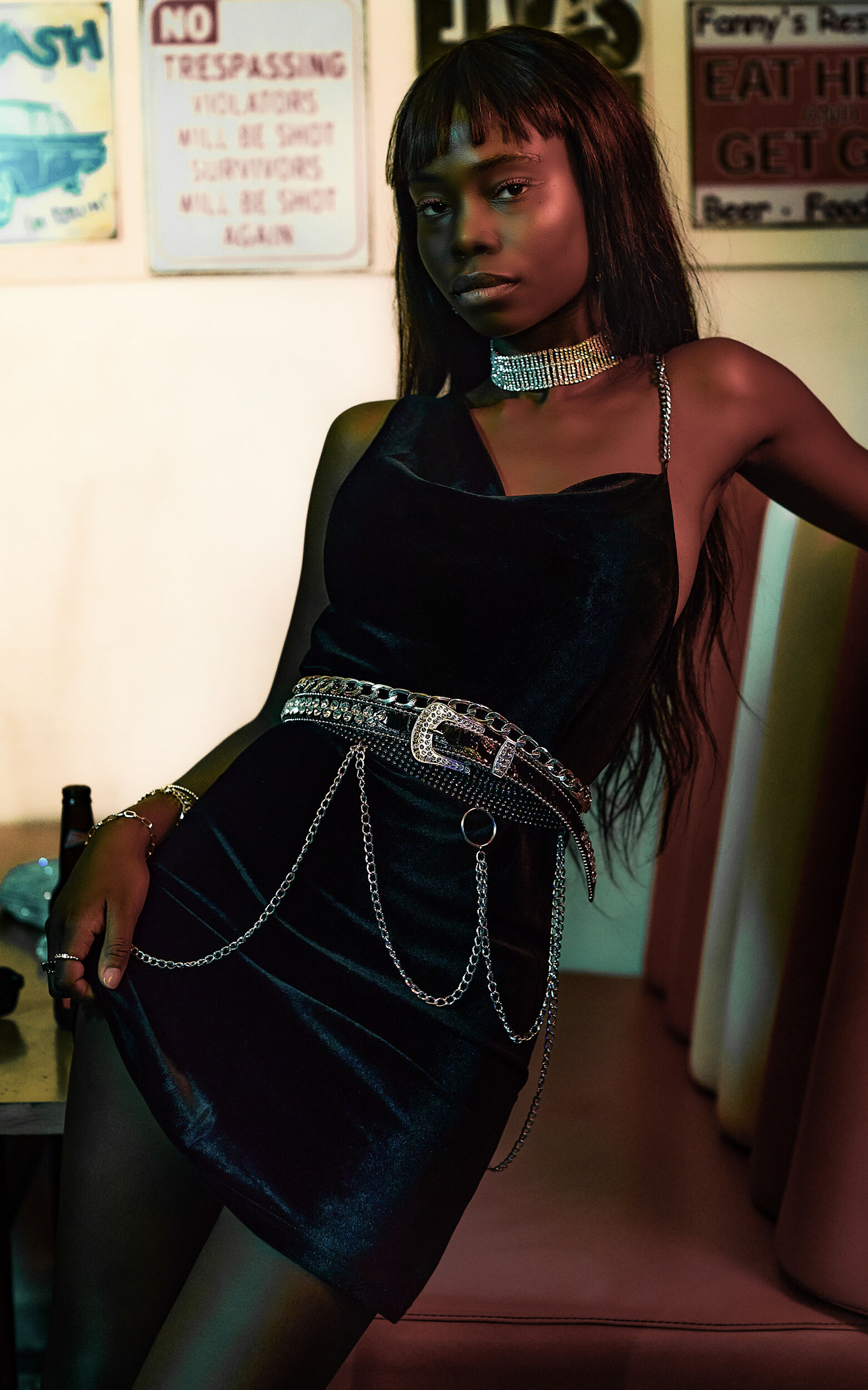 Asher Mini Dress - Asymmetric Neckline Chain Strap Velvet