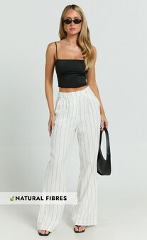 Trixie Pants - High Waist Linen Look Stripe Tailored Pants in Off White
