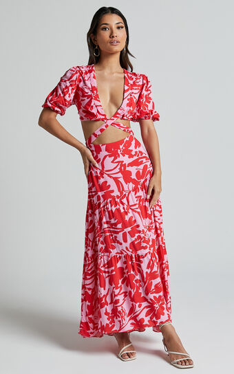 Cecelia Midi Dress - Plunge Neck Puff Sleeve Patterned Dress in Pink Shadow Floral