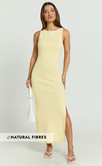 Perrie Midi Dress - High Neck Sleeveless Scoop Back Fitted Leg Split Skirt Dress in Lemon