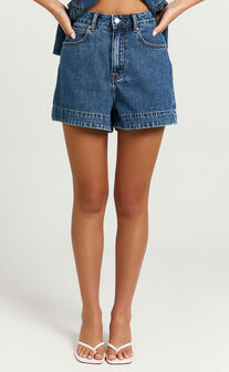 Rhianna Shorts - Mid Waist Recycled Denim Shorts in Dark Blue Wash