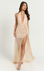 Vinnie Maxi Dress - Plunge Halter High Split Dress in Nude | Showpo