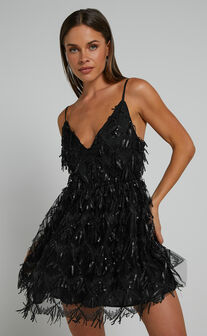 Khrizza Mini Dress - Sequin Gathered Dress in Black
