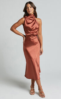 Minnie Midi Dress - Drape Neck Satin Slip Dress in Copper