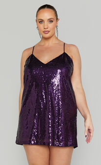 Delilaah Mini Dress - Strappy V Neck Slip Sequin Dress in Purple Sequins