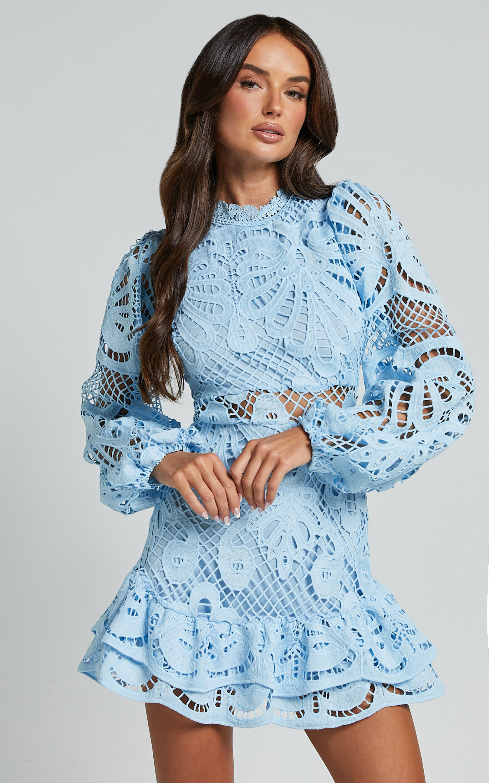 Kiss Me Now Mini Dress Long Puff Sleeve Dress in Soft Blue