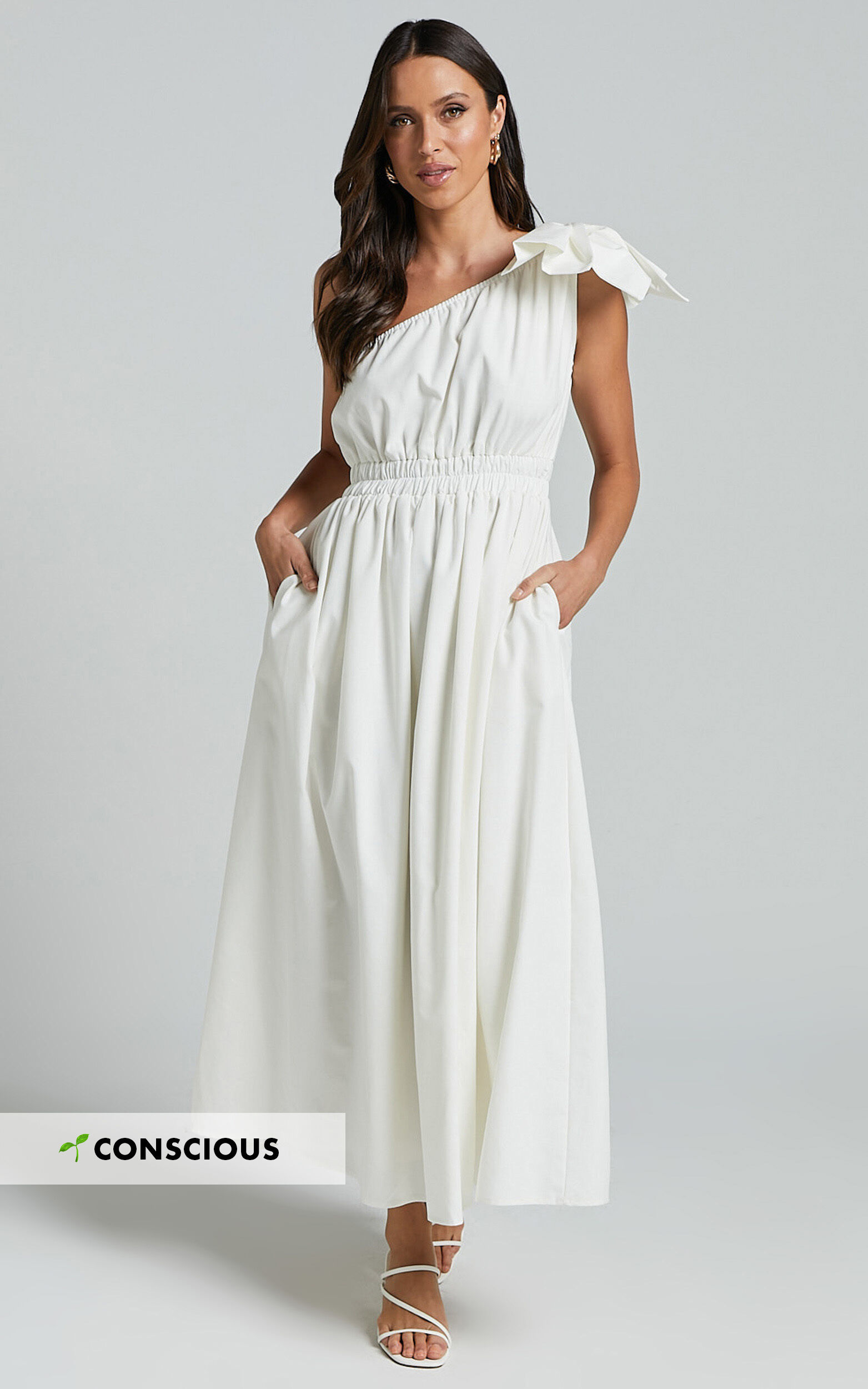 Alby Midi Dress - One Shoulder Bow Dress With Elasticated Waist in White - 06, WHT1