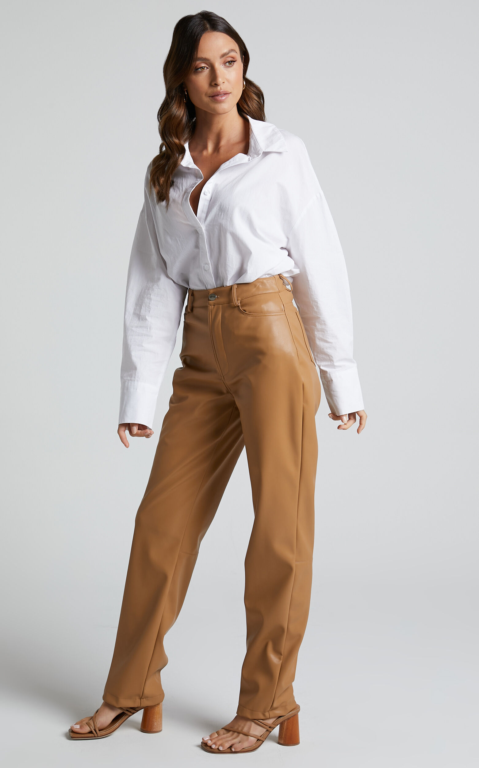 Dilyenne Pant Mid Waist Straight Leg Faux Leather Pant in Beige Showpo USA