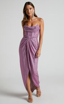 Adrie Midi Dress - Strapless Corset Bodice Dress in Pink