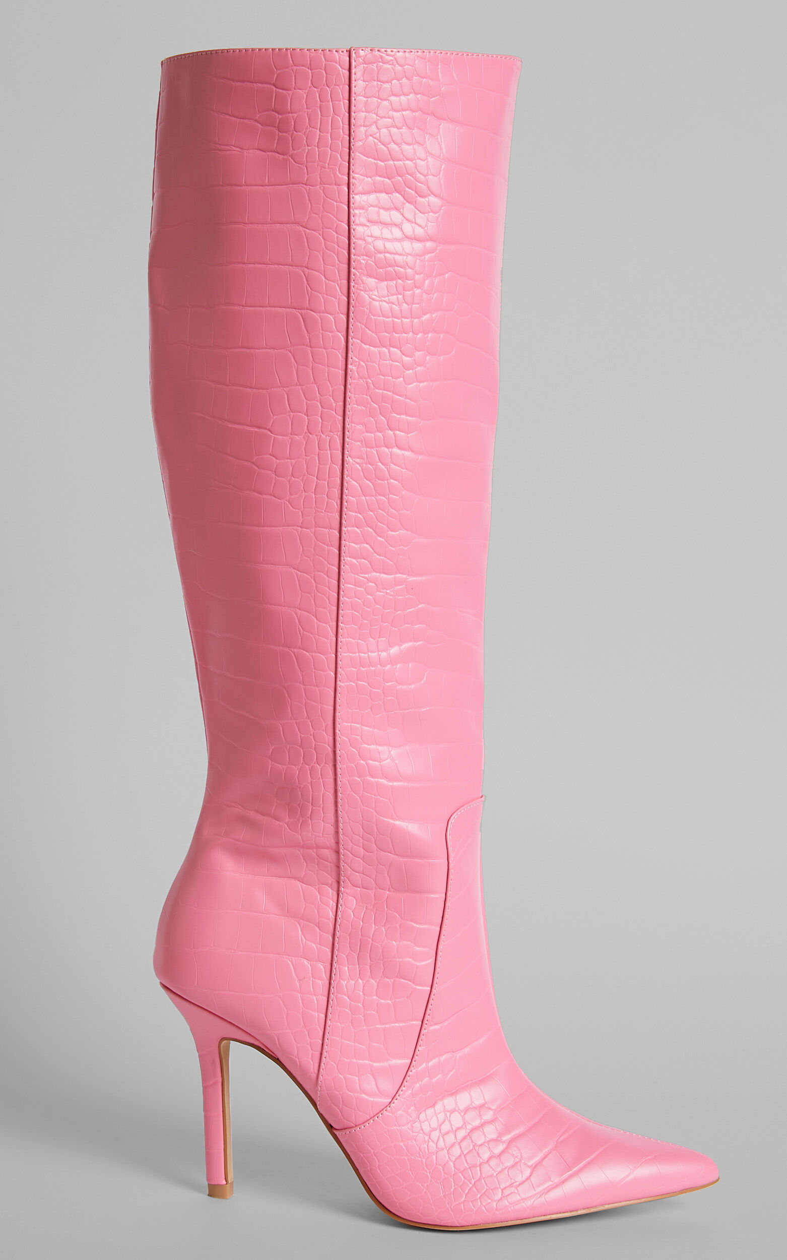 Public Desire Best Believe Stiletto Knee High Boots in Pink Croc