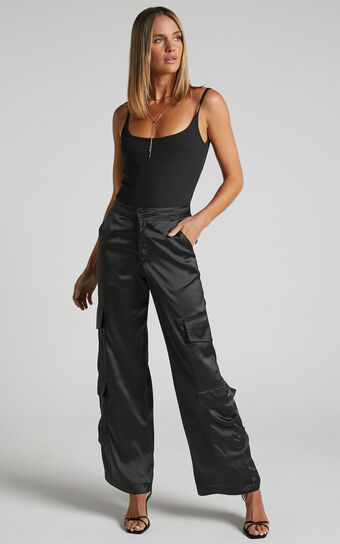 Saori Pants - Mid Rise Satin Cargo Pants in Black