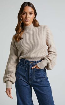 Valerie Jumper - High Neck Balloon Sleeve Knit Jumper in Beige