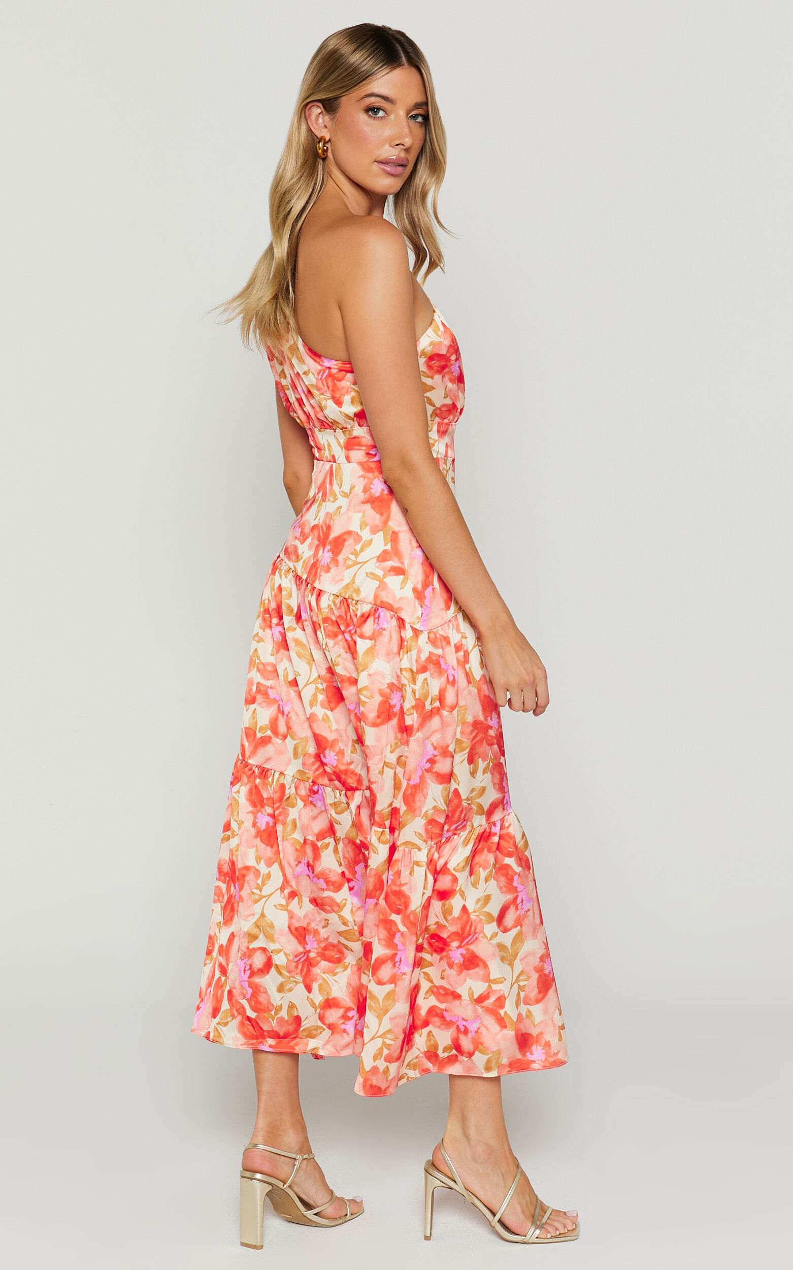 Georgine Midi Dress - One Shoulder Ruched Tiered Dress in AUTUMN FLORAL