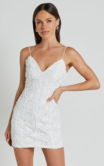 Clarissa Mini Dress - Strappy V Neck Bodycon Dress in White