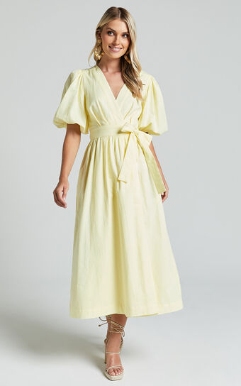 Amalie The Label - Franc Linen Puff Sleeve Wrap Midi Dress in Lemon