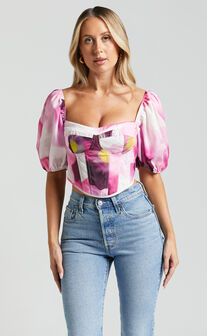 Lucienna Top - Sweetheart Blouson Puff Sleeve Corset in Zinnia Bloom
