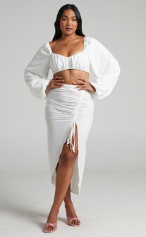 Shamir Two Piece Set - Balloon Sleeve Crop Top and Ruched Split Midi Skirt Set in White