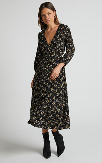 Dexter Midi Dress - Button Through Elastic Cuff Dress in Black Floral