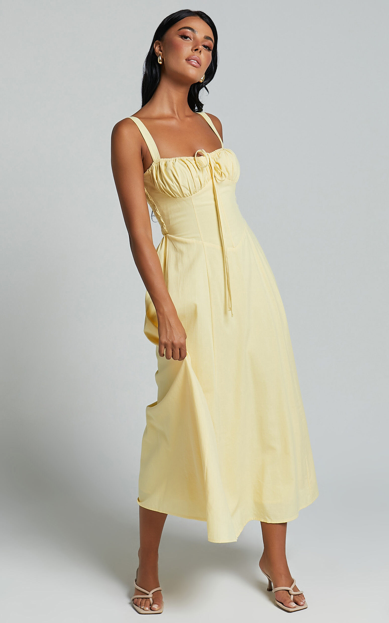Debby Midi Dress - Bust Tie Front Sleeveless A Line Dress in Lemon - 06, YEL1