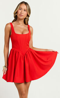 Aimee Mini Dress - Scoop Neck Corset Gathered Dress in Red