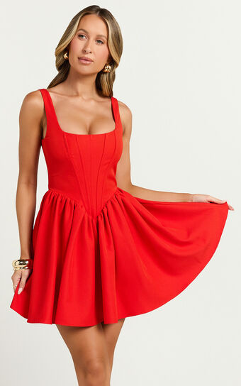 Aimee Mini Dress - Scoop Neck Corset Gathered Dress in Red