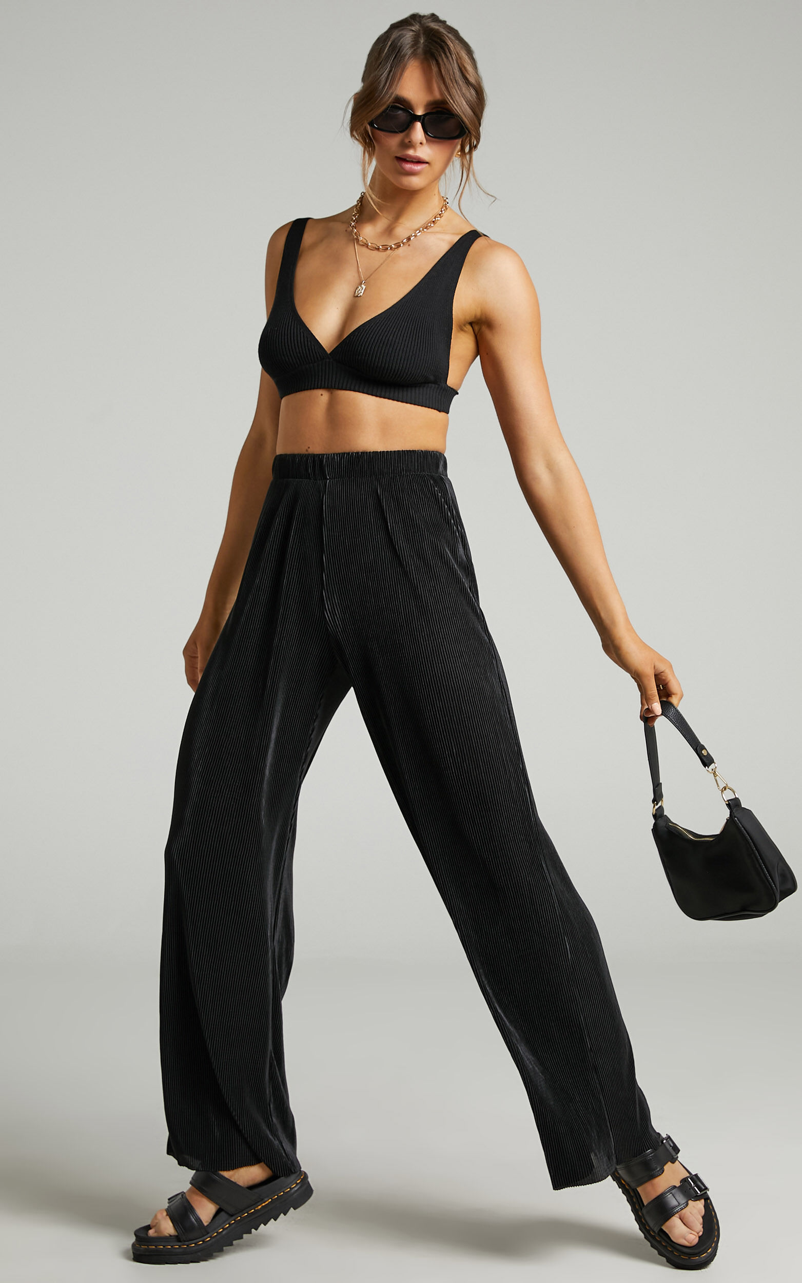 Mischa Pants - Wide Leg Plisse Pants in Black | Showpo USA