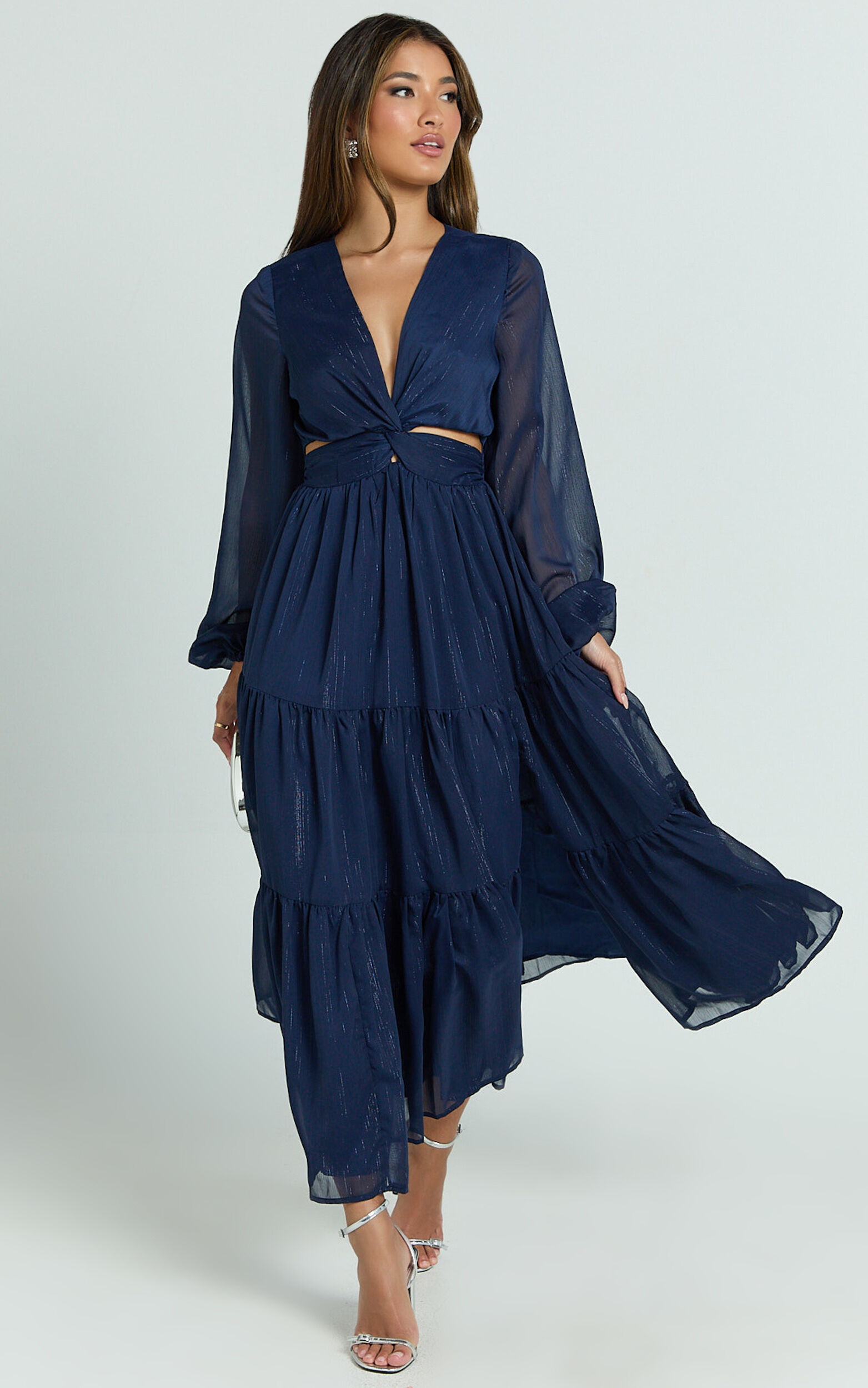 mayupeach　Cyndi dress エル elu S Edelyn Midi Dress - Cut Out Balloon Sleeve Tiered Dress in