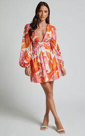 Ally Mini Dress - Plunge Neck Long Sleeve A Line Dress in Print ...
