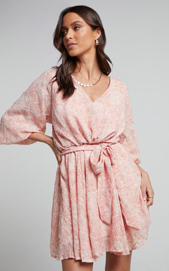 Raven Mini Dress - Long Sleeve with Belt Dress in Pink Floral