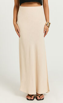 Olivia Maxi Skirt - Mid Waisted Linen Bias Cut Split Skirt in Natural