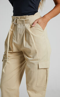 Chaslien Pants - High Waisted Paper Bag Belted Cargo Pants in Camel