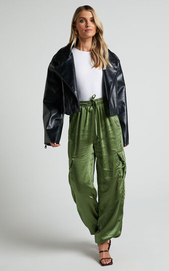 Jadeiah Pants - Mid Rise Cargo Pocket Satin Jogger Pant in Khaki