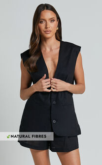 Marlee Two Piece Set - Linen Look Button Through Vest and Shorts Set in Black