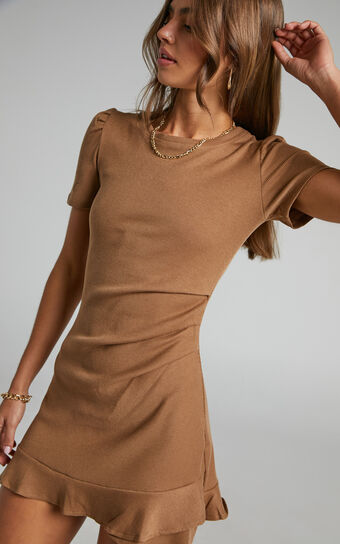 Airdrie Mini Dress - Ribbed Puff Shoulder Short Sleeve Dress in Brown