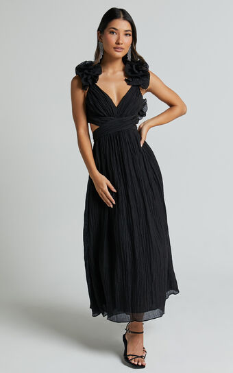 Marielly Maxi Dress - Side Cut Out V Neck Ruffle Detail Sleeve Dress in Black