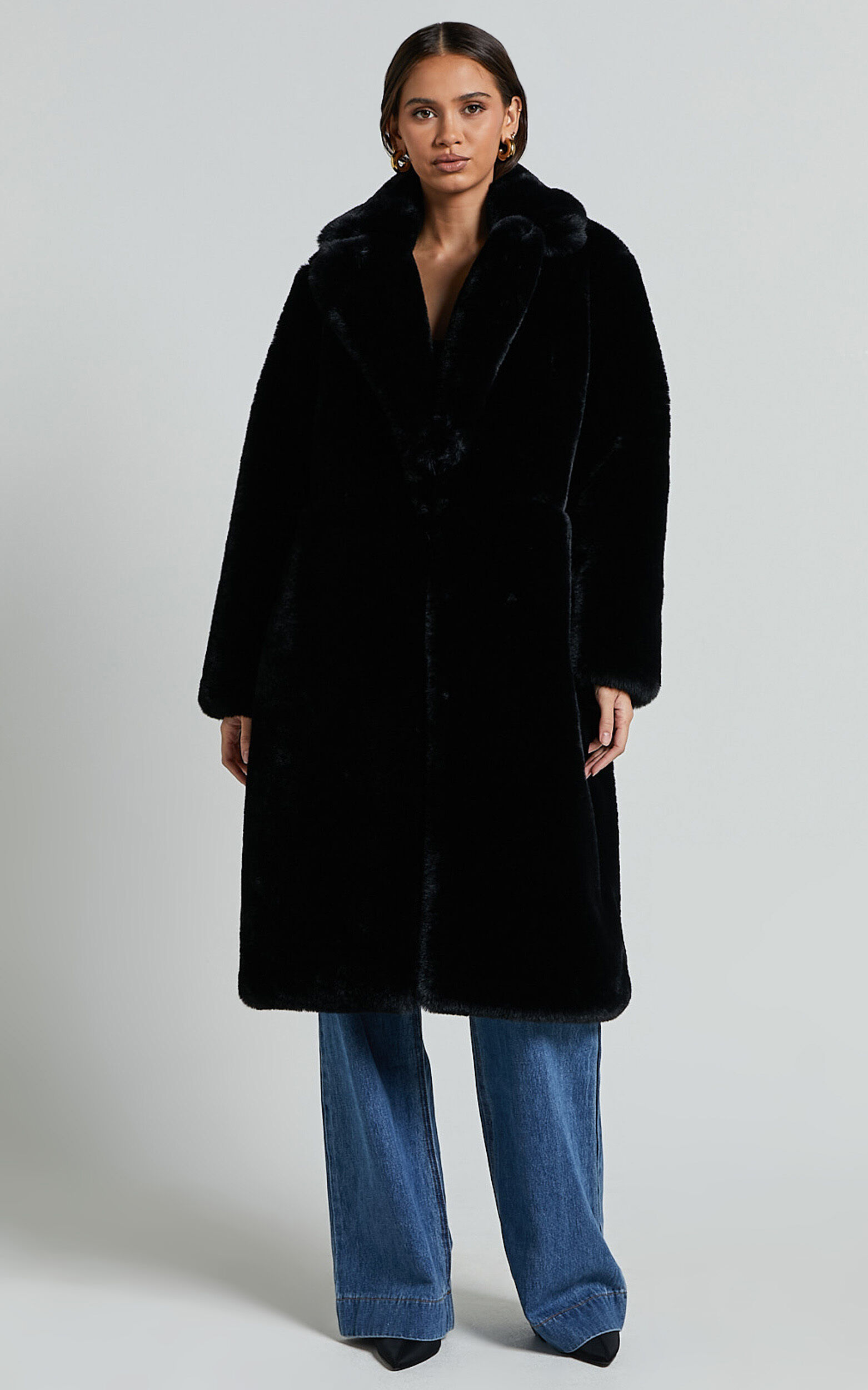 Maxwell Coat Long Line Faux Fur Coat in Black Showpo