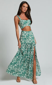Nelli Two Piece Set - Crop Top and Thigh Split Maxi Skirt in White and Green Floral