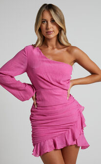 Paige Mini Dress - One Shoulder Frill Hem Wrap Skirt Dress in Pink