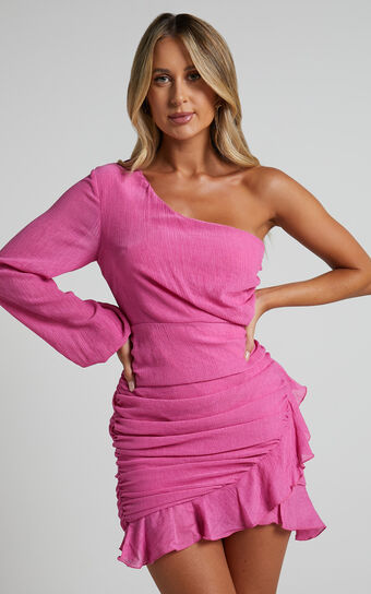 Paige Mini Dress - One Shoulder Frill Hem Wrap Skirt Dress in Pink