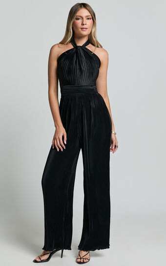 Paris Jumpsuit - Plisse Halter Neck Wide Leg Jumpsuit in Black