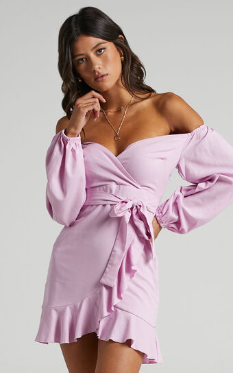 Cant Move On Off Shoulder Mini Linen Blend Dress in Lilac Linen Look