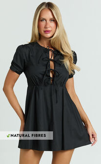 Hattie Mini Dress - Tie Front Puff Sleeve Dress in Black