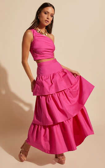 Kaycie Two Piece Set - One Shoulder Asymmetrical Ruched Top and Tiered Midi Skirt Set in Pink Showpo