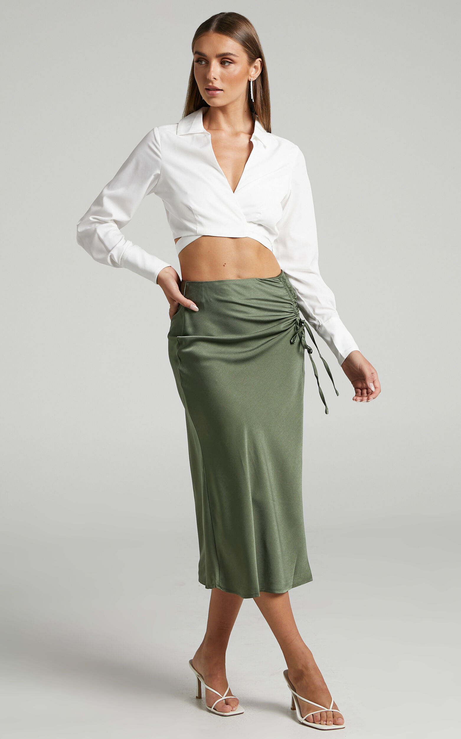 Olive green satin midi skirt hot sale